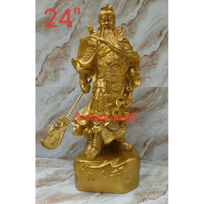 patung dewa kwan kung/ kwan kong/ guan yu - emas - berdiri - kayu - 24inch - m24