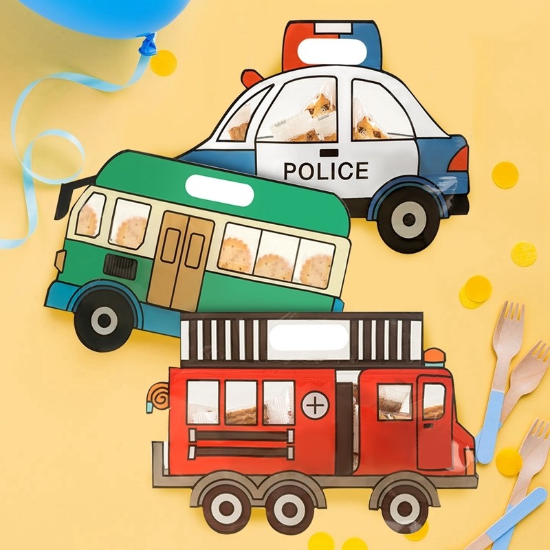 

5pcs Construction Vehicle Candy Bag Snacks Sealed Police Car FireTruck Plastic Bags For Home Storage Supply Birthday Party Decor