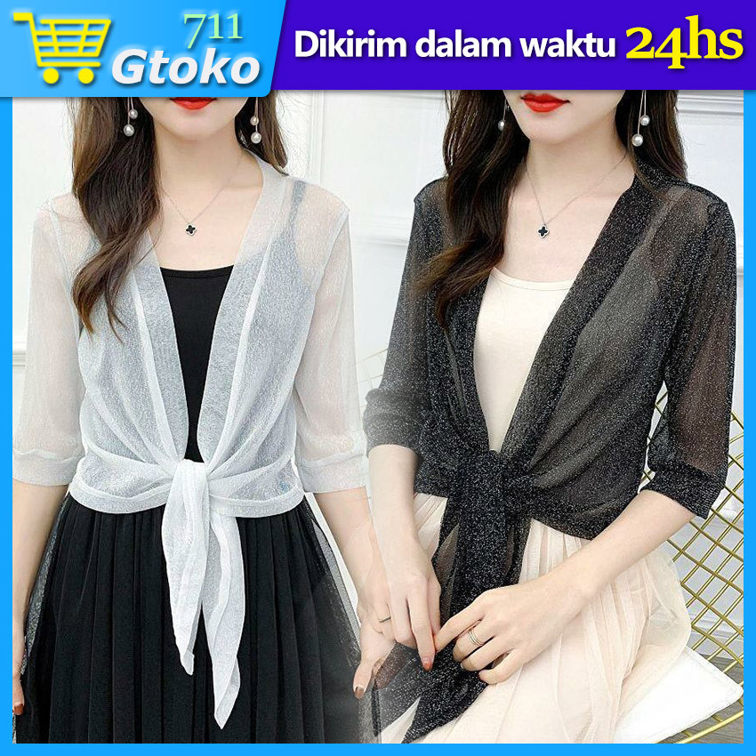 Outer Bolero Cardigan Wanita Cewe Korean Style Outerwear Sifon Chiffon Rompi Cardigan Crop Jala Bole