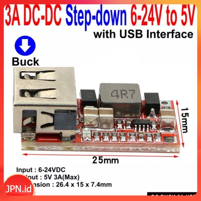 Modul USB Step Down Charger HP Motor Mobil Truk Aki 6-24V 24V 12V To 5V 3A