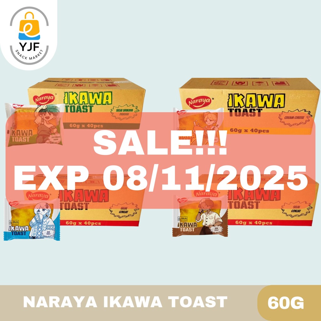 

Naraya Ikawa Toast 1CRT/40 PCS / Roti Panggang Cream Cheese / Toast Coklat / Roti Vanila / Roti Toast Pandan Srikaya