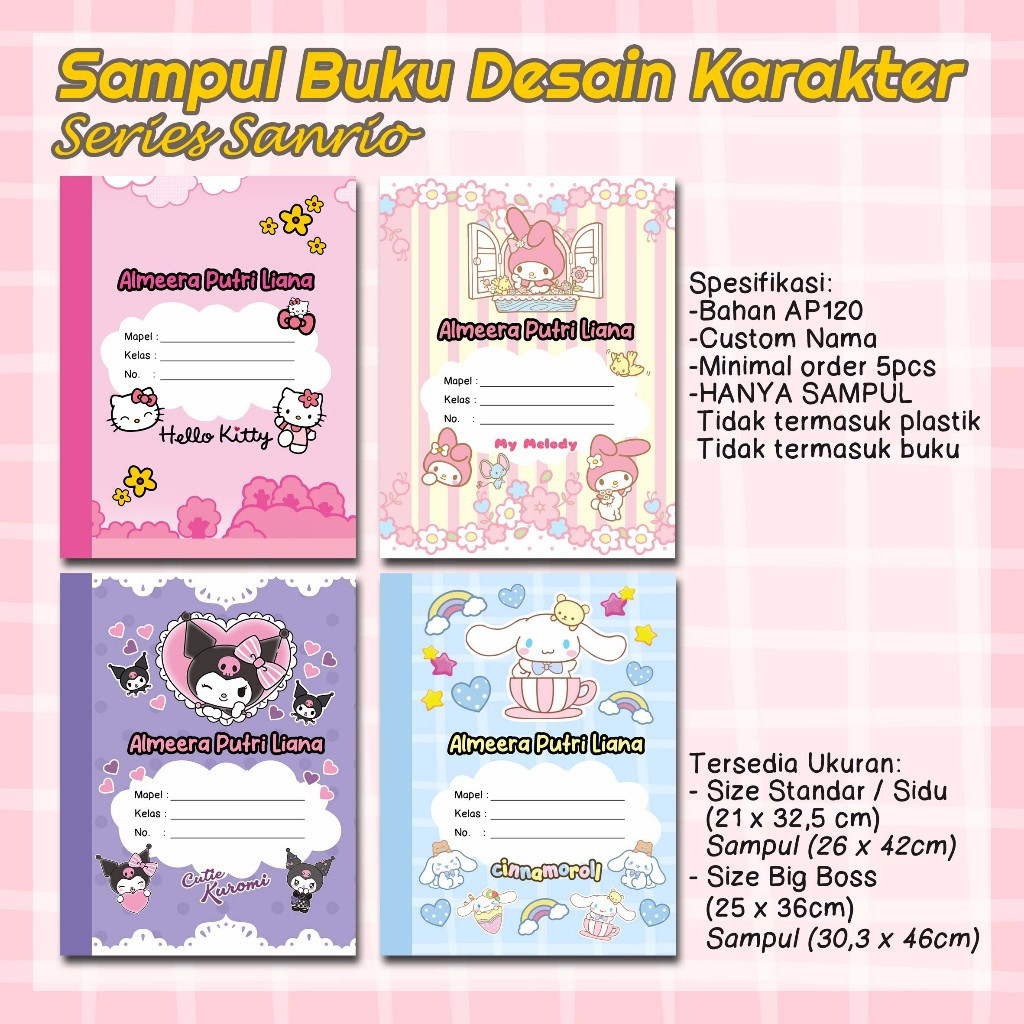 

Custom Sampul Buku Desain Karakter Lucu Perempuan - Custom Nama - Karakter Anak Perempuan sanri0 hello kitty kuromi melody