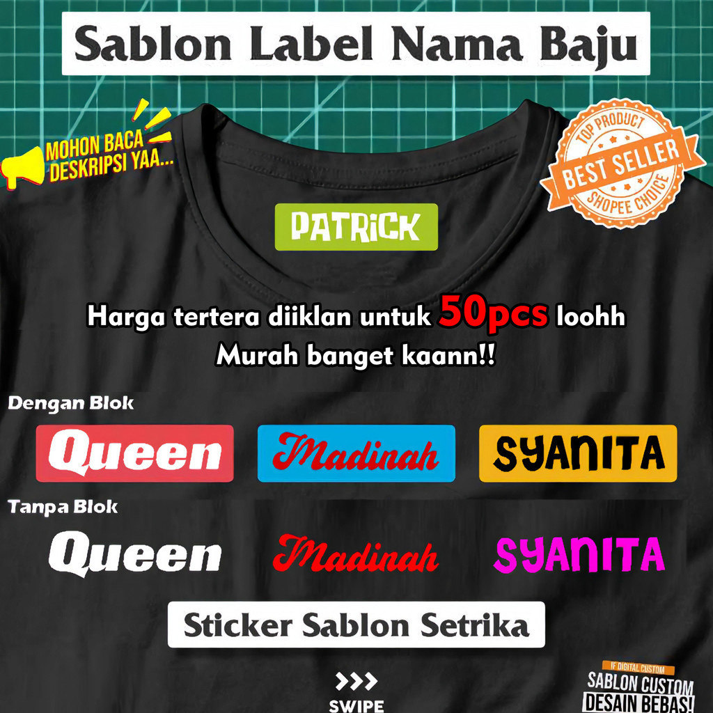 

CGN - Sticker Nama Label Printing Isi 50 Pcs Untuk di Kain / Kaos Sablon Setrika Gratis Custom Nama - Label DTF bisa ditempel