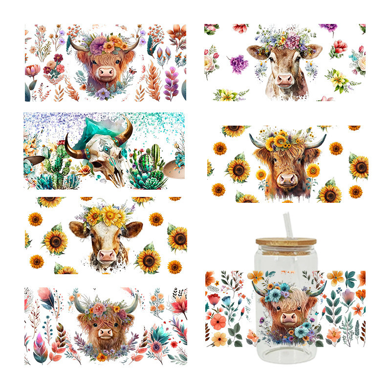 

3D UV DTF Transfers Stickers 16oz Cup Wrap Cow And Flower Printed For DIY Glass Ceramic Metal Leather Etc. D1985