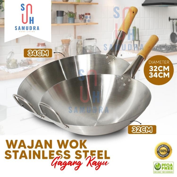 SM LIVING Wajan Stainless Steel Gagang Kayu Anti Panas / Wajan Stainless Steel Gagang Kayu Anti Leng