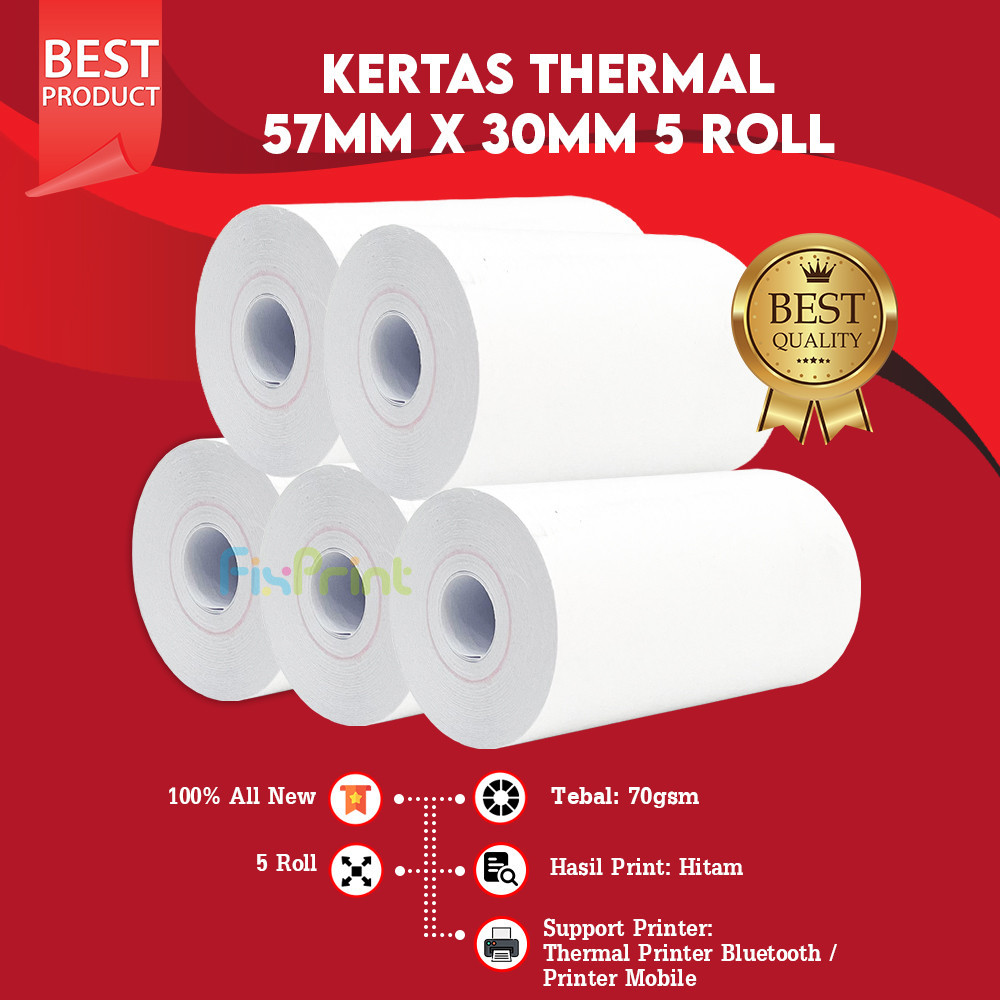 

Kertas Thermal 57mm x 30mm untuk Printer 58mm Kertas Struk Kasir Coreless 5 Roll 10 Roll 15 Roll