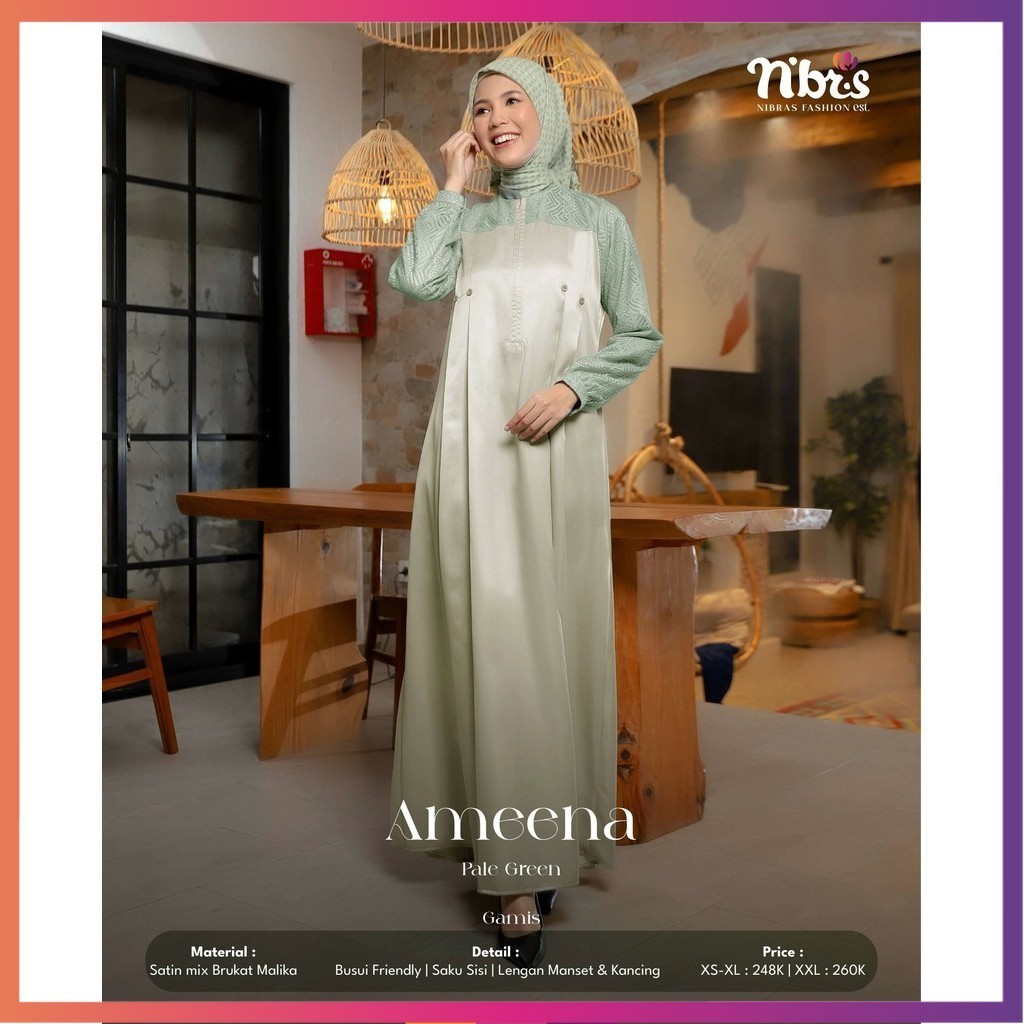 Gamis Wanita Stylish Ameena Bahan Satin mix Brokat Adem dan Tidak Gerah by Nibras Original