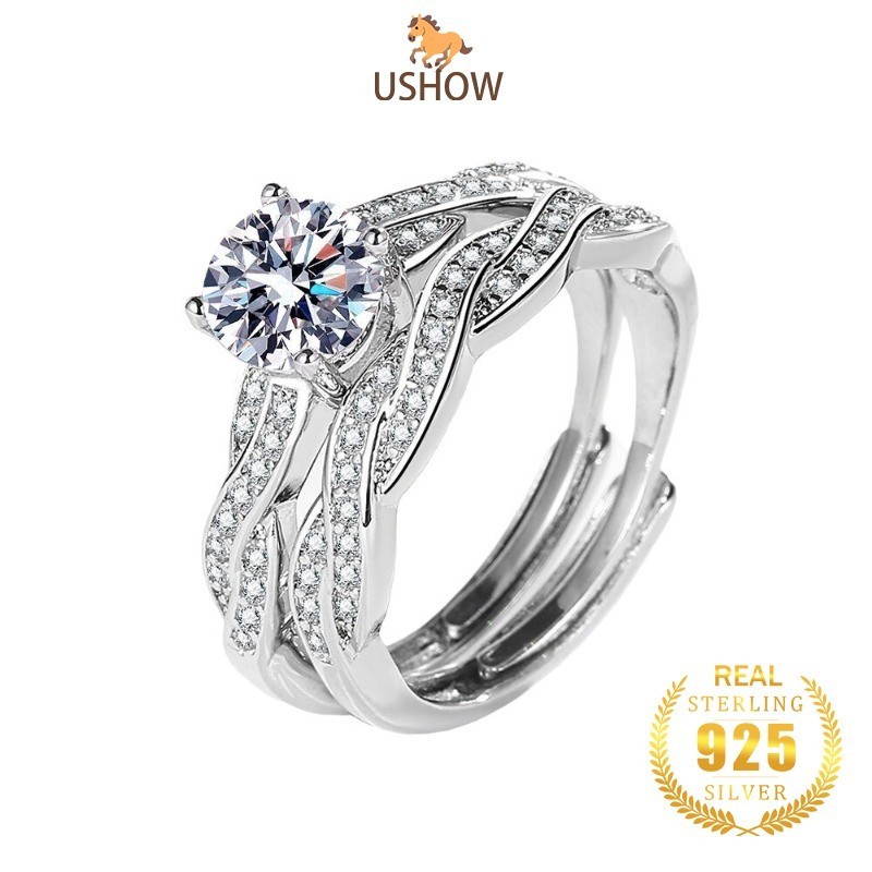 USHOW Cincin Pasangan Zircon 5A Dapat Disesuaikan