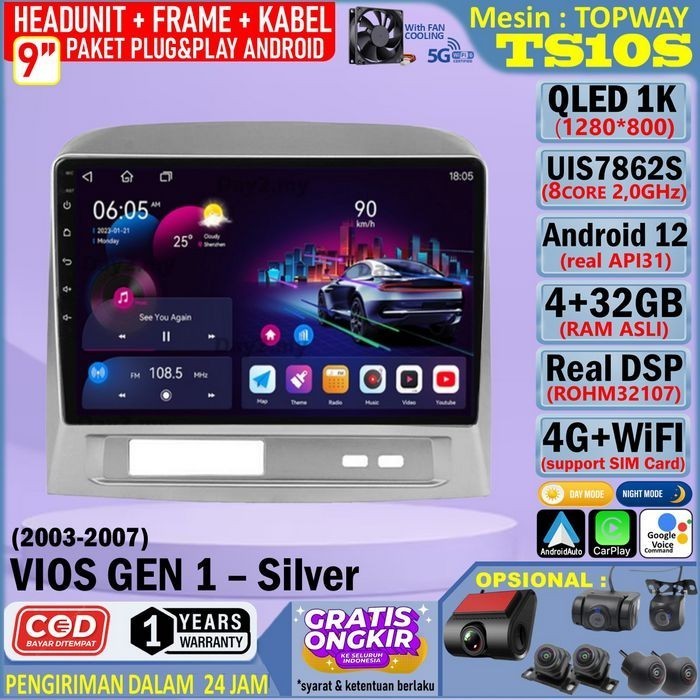 Paket Headunit Android 9 inch + Frame + Soket PNP Toyota Vios Gen 1 - Silver Topway TS10S UIS7862S-O