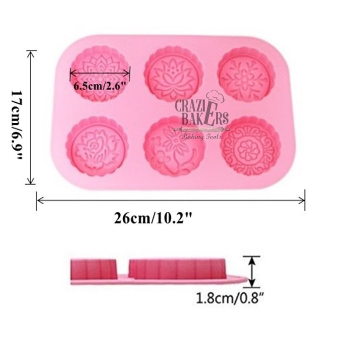 Cetakan Silikon Bulat Kotak Chinese Flower Pattern Chocolate Soap Mooncake Mold 6 Rongga - Bulat