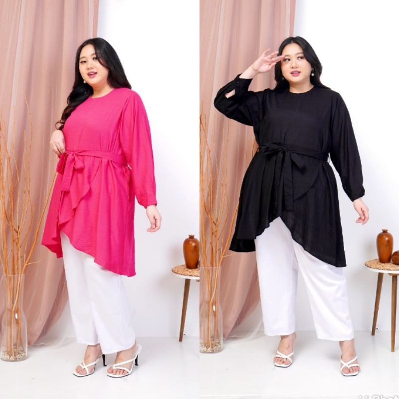 LD 125 140 TUNIK DRESS TALI POLO LINEN SUPER JUMBO BIGSIZE OVERSIZE BASIC POLOS HITAM LENGAN PANJANG