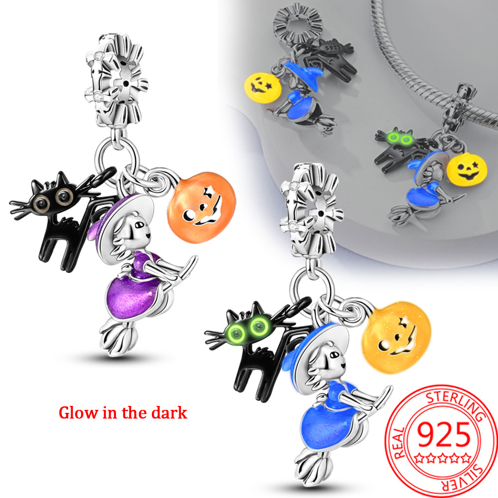 Cute 925 Sterling Silver Glow-in-the-dark Witch Black Cat Pumpkin Dangle Charm Fit Pandora Bracelet 