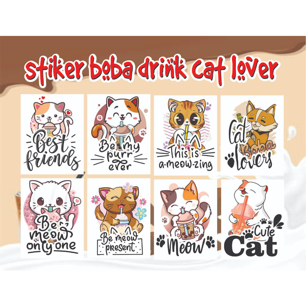 

100 pcs stiker trasparan cat lovers minuman boba