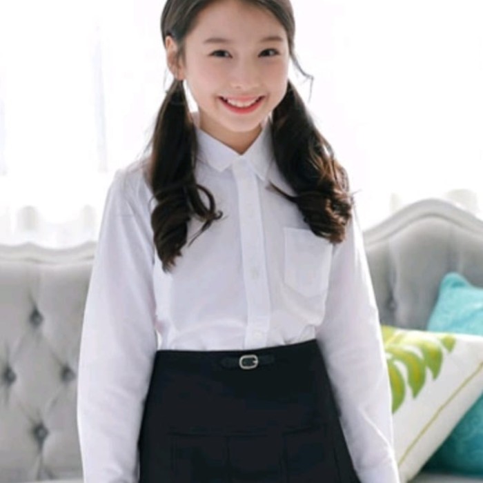 ✨READY✨ -Kemeja Anak Perempuan Putih Polos 3-14 tahun Lengan Panjang - Putih Bhn Katun, 3-4 tahun