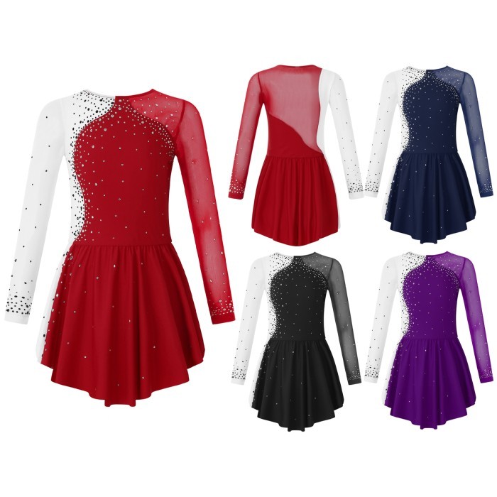 ✨READY✨ -Rhinestone Figure Ice Skating Dress Kids Girls Long Sleeve Mesh