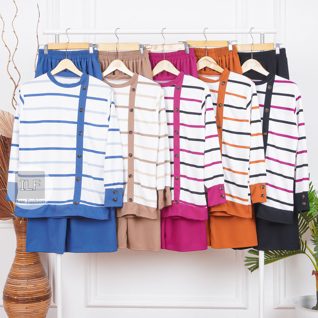 IL - SETELAN WANITA STRIPE KANCING BOSTON RIB / SETELAN LENGAN PANJANG