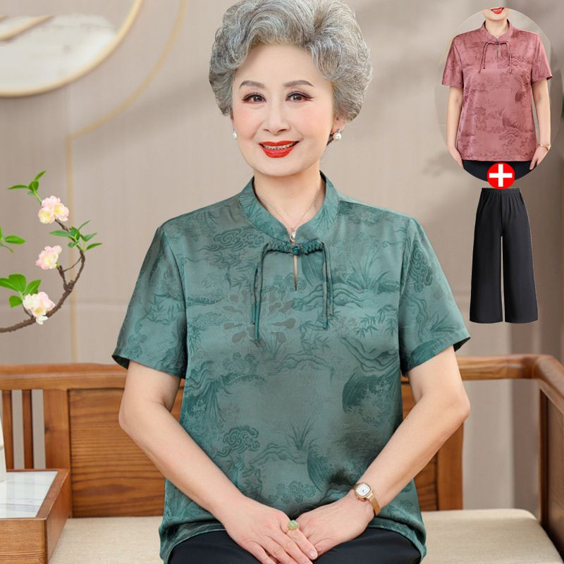 Hari Ibu gaun nenek baju musim panas kemeja gaya Cina T-shirt ibu paruh baya kemeja musim panas baju