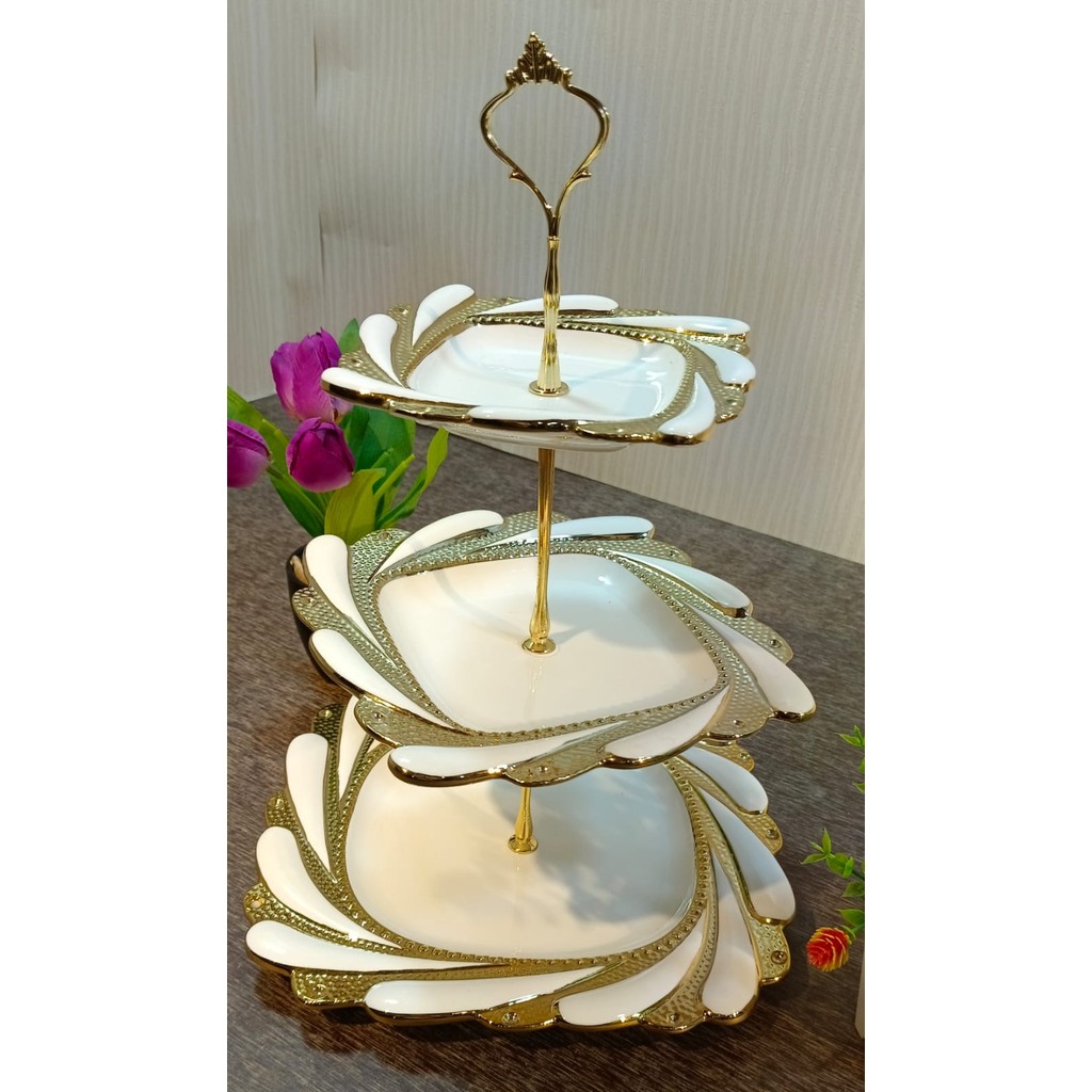 Piring/tempat Kue Keramik Spiral Gold susun 3