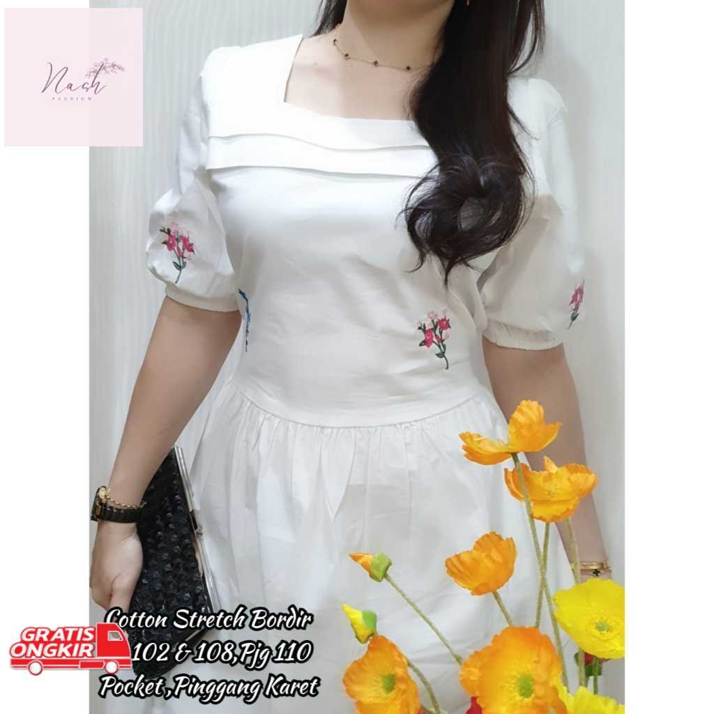 Dress Korea / JESS Dress Katun Stretch - Dress Bordir - Dress Midi - Dress Korea