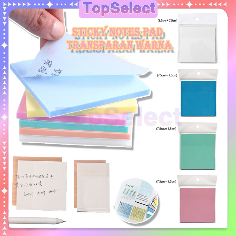

Sticky Notes 7.5*7.5cm /Sticky Note Transparan Tahan Air Kantor / Self-Adhesive memo notepad/Sticky Notes Pad Plastik Transparan /Kertas Memo Tempel warna/Sticky Notes Pad Transparan Warna