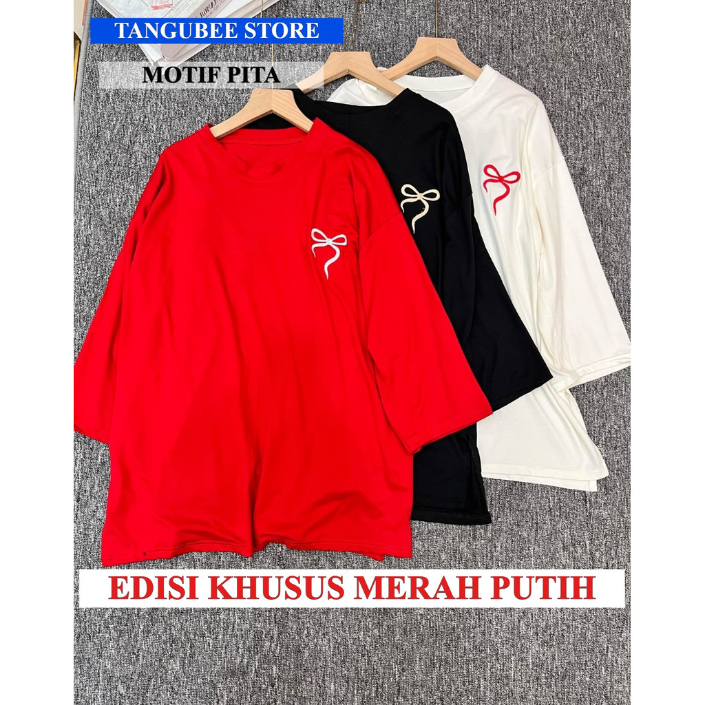 KAOS POLOS  WANITA MODEL TUNIK MERAH PUTIH BORDIR SEMI TUNIK - PITA