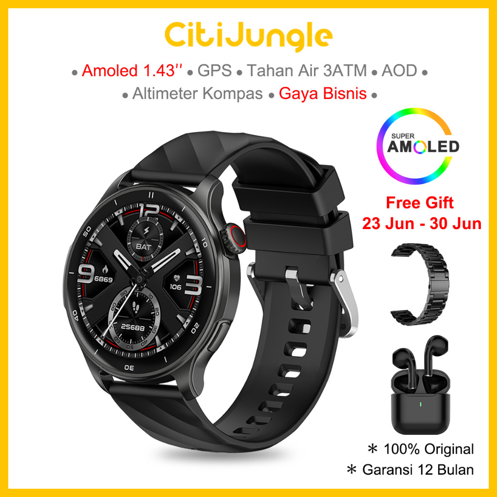 [Garansi 12 Bulan] Citijungle Smartwatch GPS SE Layar Bola AMOLED 1.43” Tahan Air 3ATM Kompas Tekana