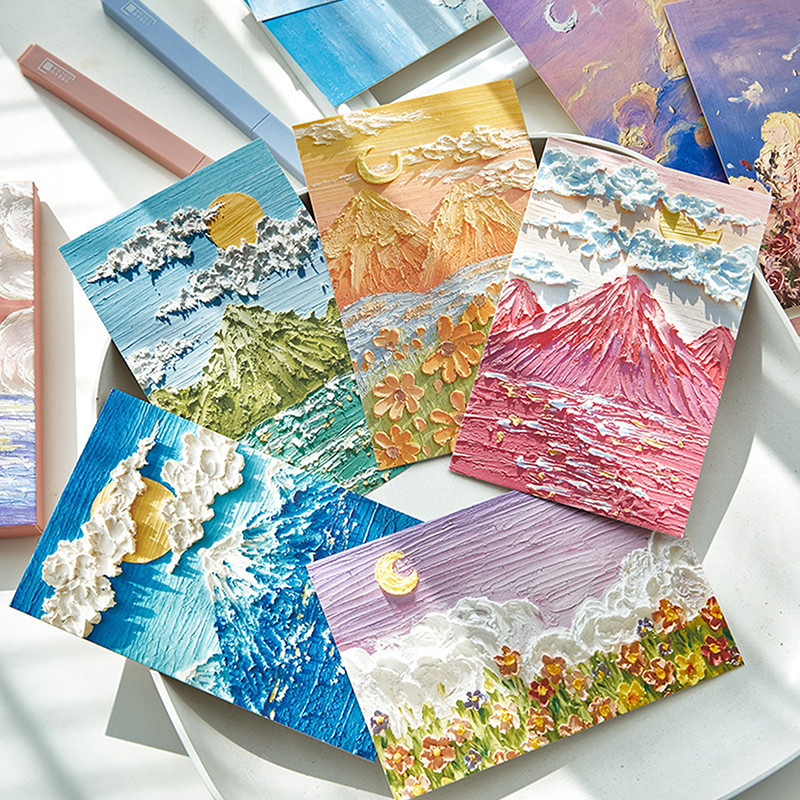 

1pc Art Greeting Cards Layered Art Greeting Cards New 30 Oil Painting Postcards Flower And Grass Mountain Butterfly Moon
