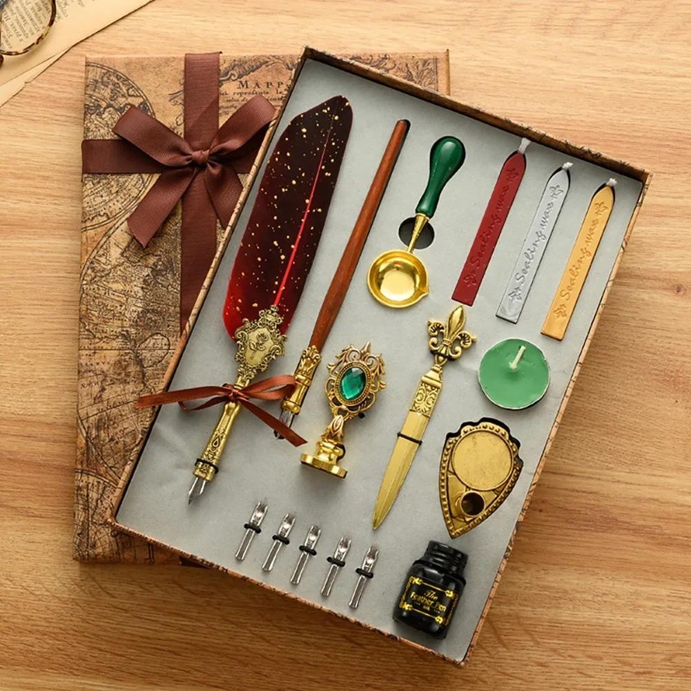 

Retro Feather Pen Writing Ink Set Stationery Exquisite Feather Dip Pen Stamp Set Art Supplies Crafts Gifts for Student DIY