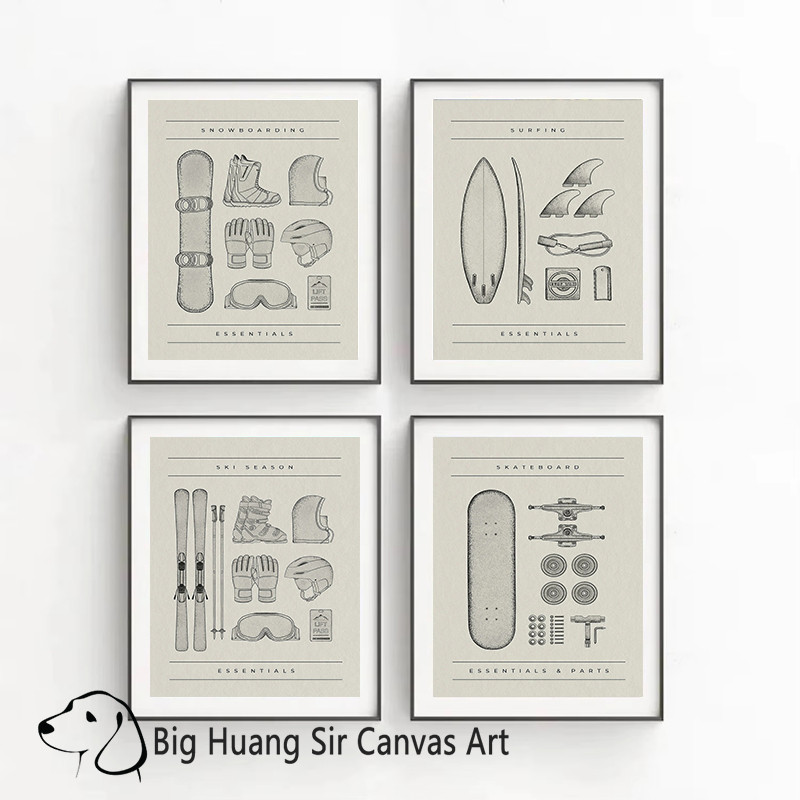

Skiing Skateboarding Snowboarding Surfing Blueprint Vintage Poster Minimalist Sport Retro Wall Art Canvas Painting for Home Room