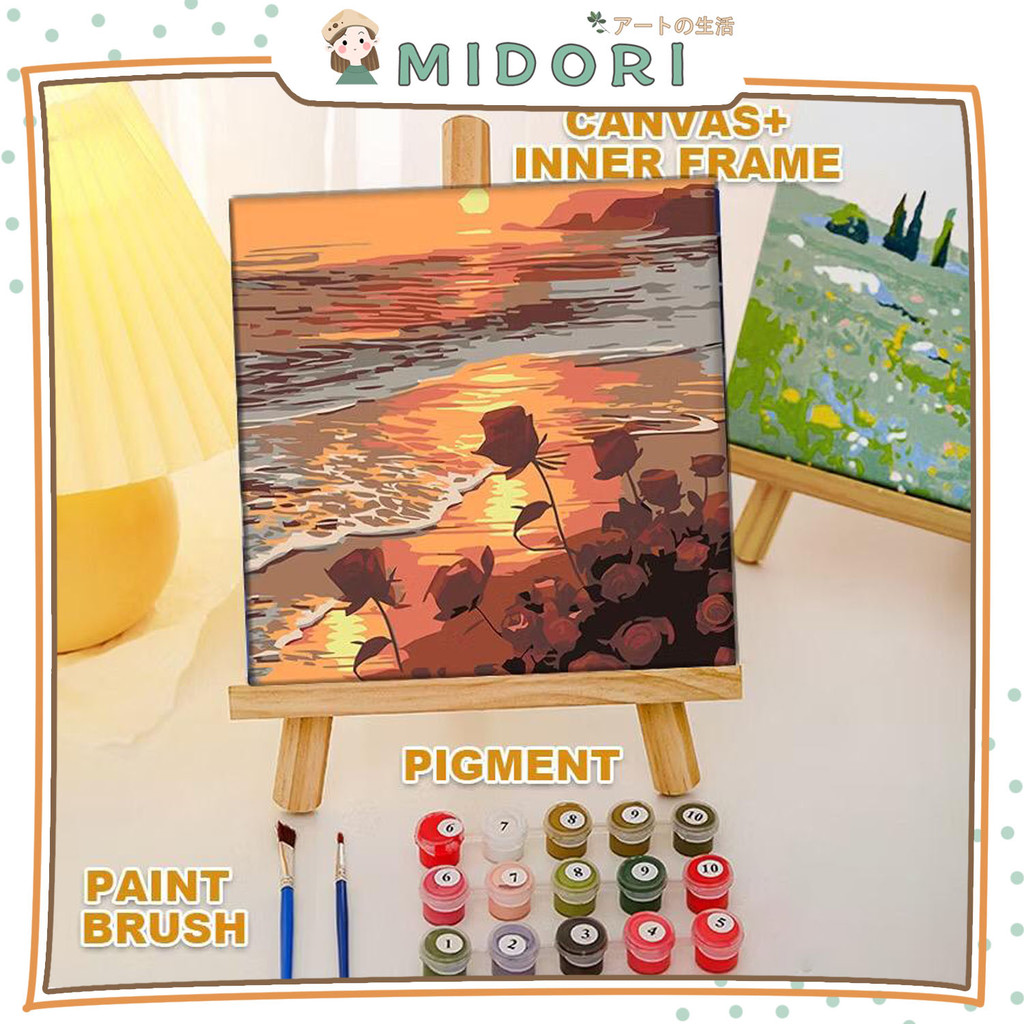 

[MIDORI] 1Pcs 20x20 LANDSCAPE FLOWER OIL PAINTING Handmade DIY Lukisan Cat Minyak Sunset Children's Brithday Gift - F0363