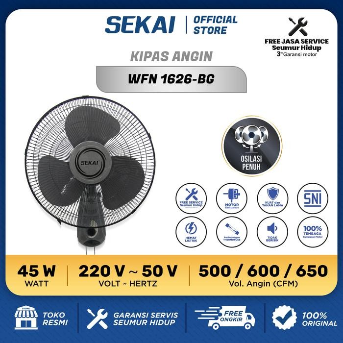 Sekai Kipas Angin Dinding WFN 1626-BG - (16 Inchi) - Hitam Abu