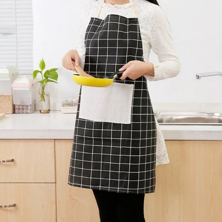 Celemek Masak Korea Kotak Kotak Bahan Katun Linen Apron Masak / Celemek Kain Plus Tali / Celemek Ant