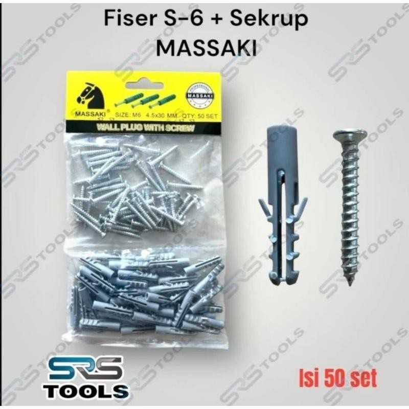 MASSAKi 50 Pcs Fiser S6 + Sekrup FH+ / Piser Fiserr Fisher Bantalan Angkur Paku Skrup S-6 Bungkusan
