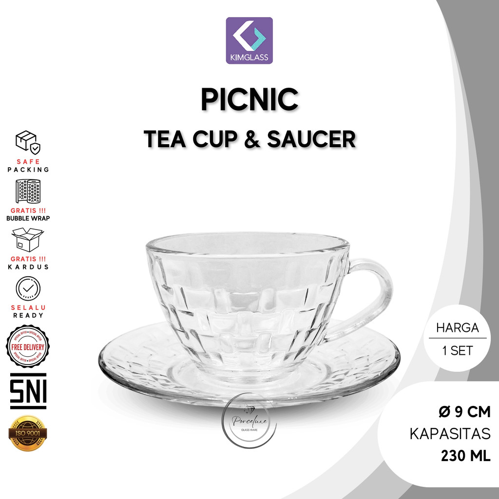 Kim Glass Cangkir Kaca Set Tatakan Picnic 230 ml Gelas Bening Cup Teh Tea Kopi Espresso Aesthetic