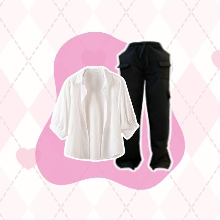 3in1 One Set Remaja Tank Top Kemeja Blouse Celana Cargo Wanita Korean Style OutfitCH Leona 068 - leo