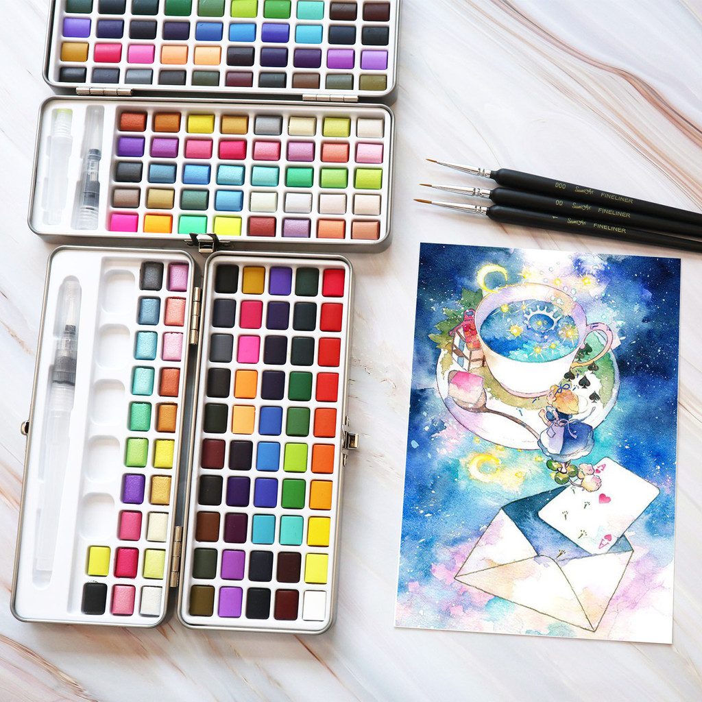 

SeamiArt 128 Color Solid Watercolor Paint Set Portable Metal Box Watercolor Pigment for Beginner Drawing Watercolor Paper Supply