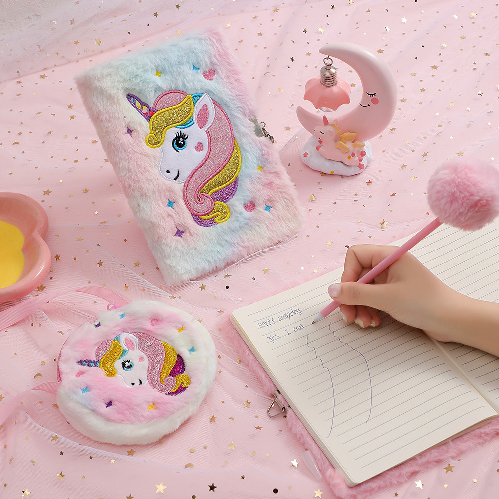 

3pcs Diary Notebook SeT Plush Unicorn Stationery For Children Cartoon Notebook Crossbody Bag Plush Pen Student School Supplies