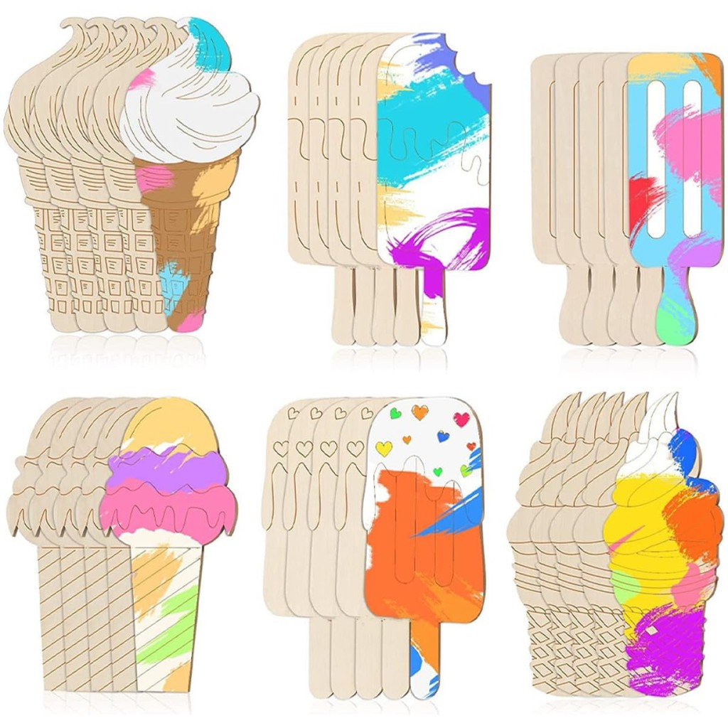 

30pcs/set Wooden Ice Cream Ornaments Wooden Cutouts Craft Ice Carving Wood Slices for DIY Painting Gifts Supplies Decorations