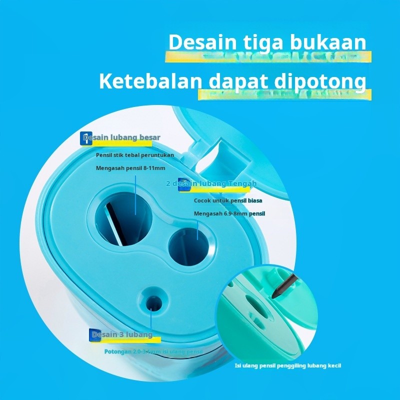 

Rautan pensil anak tiga lubang, rautan pensil siswa sekolah dasar, rautan pensil TK kaliber multifungsi