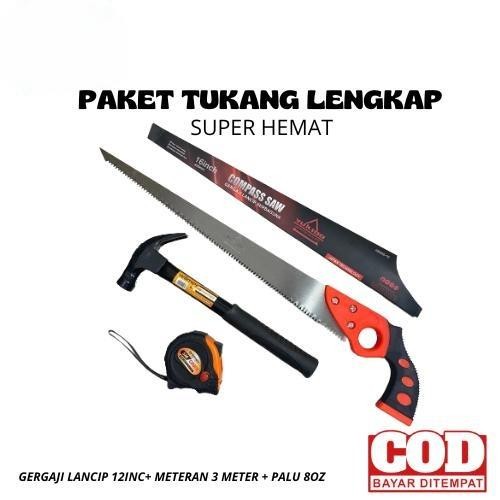 Paket 3 Item Gergaji Tukang Kayu: Gergaji Lancip 12inc Meteran 3meter dan Palu gg besi 8oz