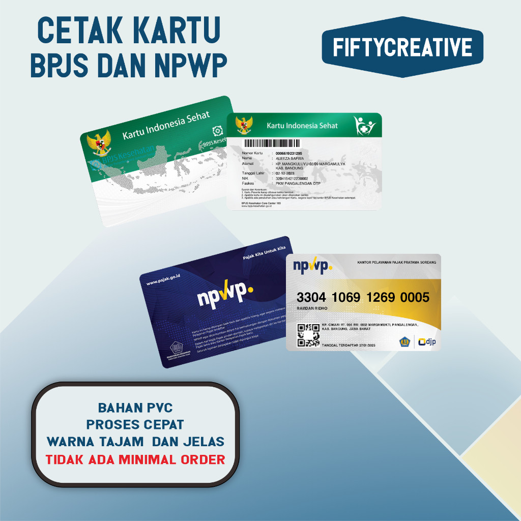 

Cetak kartu B P J S Kesehatan dan N P W P Bahan PVC Tebal, Laminasi Tahan Gores dan Tahan Air