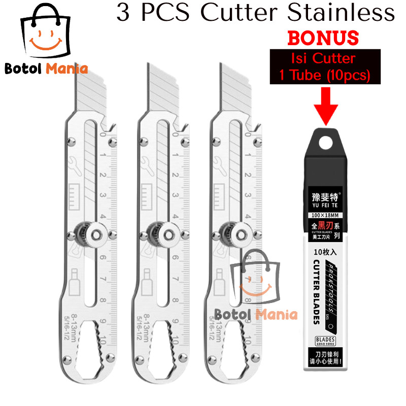 

BM - [BUN] ISI 3 PCS Pisau Cutter Stainless Besi 9 in 1 Bonus 1 Tube Isi Refill Cutter | Cutter Pemotong Kertas Tajam | Cutter Murah | Cutter Anti Karat Multifungsi