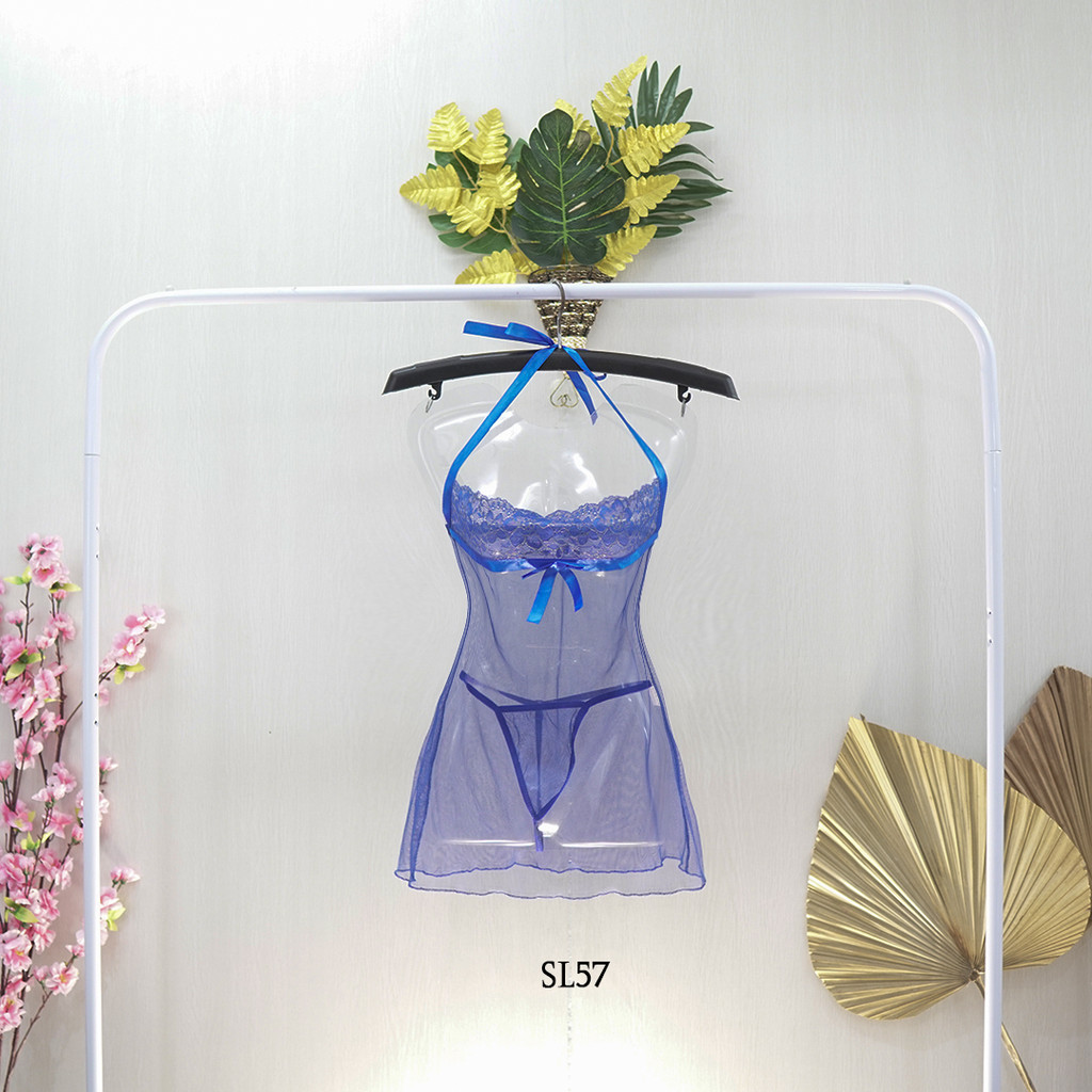 Lamore Lingerie Baju Tidur Wanita Sleepwear Transparan Biru Tali Leher SL57
