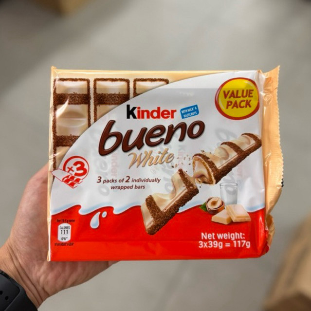 kinder with milk and hazelnuts bueno chocolate x3 129g / bueno white x3 129g / bueno chocolate x2 43