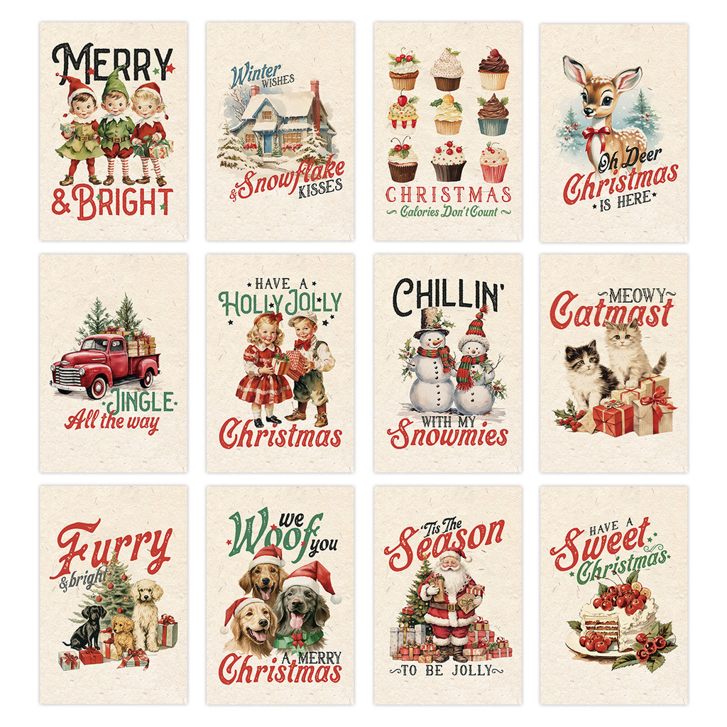

12-Pack Vintage Cards,Funny Pun Postcard Set with Santa,Dog and Cat,Retro Poster Decorations,Xmas Gift Cards