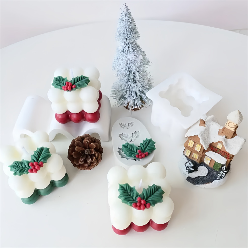 

Holly Leaf Bubble Candle Silicone Mold Handmade Aromatherapy Gypsum Clay Making Shaped Candle Xmas New Year Gift Mold