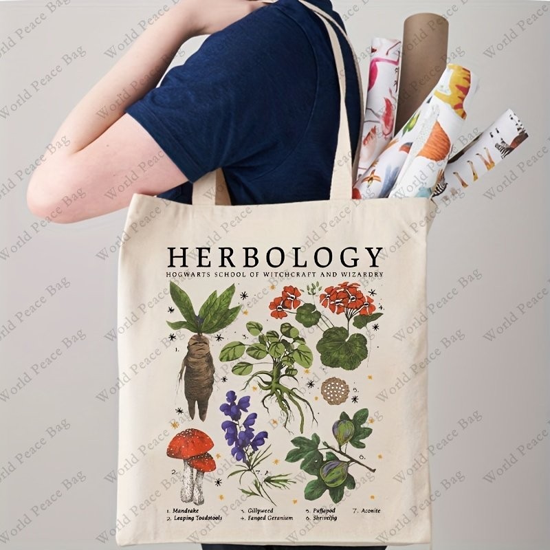 1pc Herbology Plants Pattern Tote Bag, Botanical Travel Bag, Gardening Tote Bag Shoulder Bag, Gift F