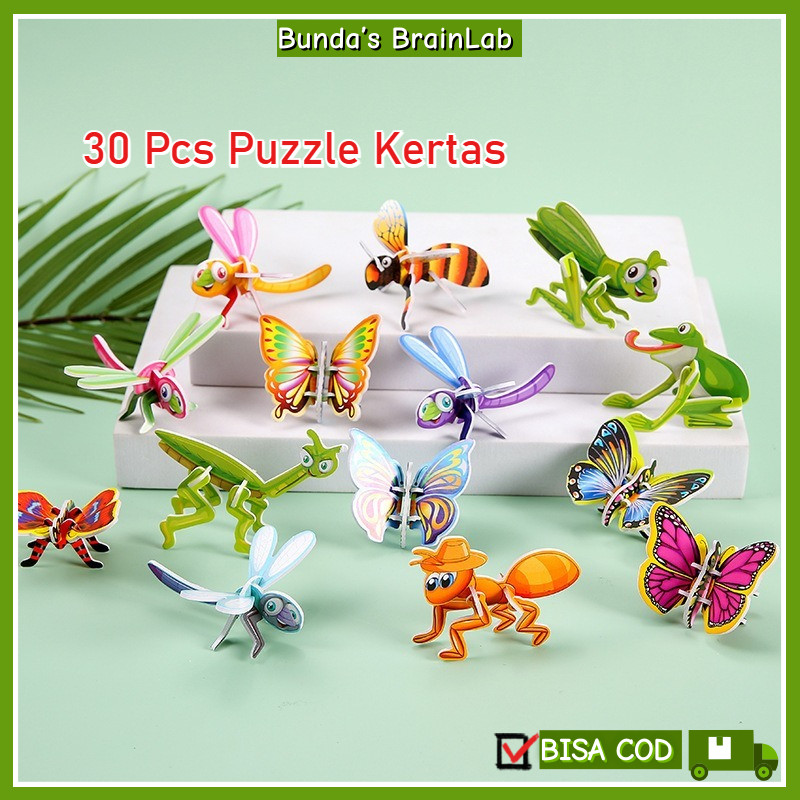Ready 30 Pcs Puzzle Kertas 3d Diy Menyenangkan Puzzle/Puzzle Motif Hewan Serangga Dinosaurus Kendara