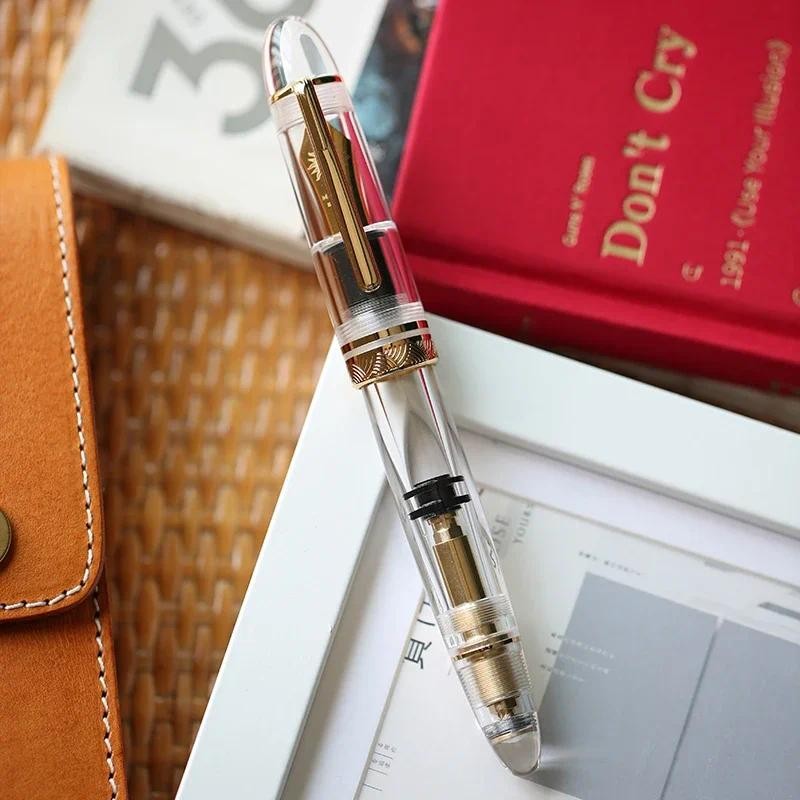 

MAJOHN P140 Acrylic Transparent Large Piston Fountain Pen No. 8 F/M Nib Large Capacity Ink Writing Luxury Pen Brass Screw
