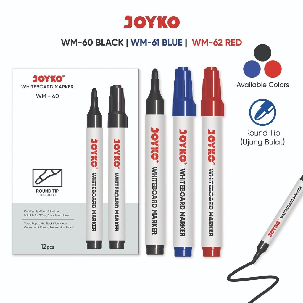 

JOYKO Spidol Papan Tulis Marker 1 Pack WM-60~62 Isi 12 Pcs